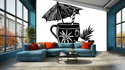 Tropical cocktail in ceramic mug with umbrella and fruit garnish, vector illustration art Wall mural