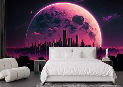 Retro futuristic synthwave style night city colorful background with super moon behind it, generated with AI. Suitable for background design, wallpaper, futuristic website, poster, banner. Wall mural