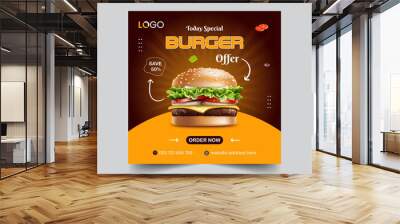 Burger social media marketing banner post. Restaurant hamburger online sale promotion web poster with, business icon abstract digital background Wall mural