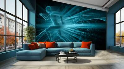 3D render of a male figure running on abstract techno background Wall mural