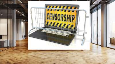 Black laptop with CENSORSHIP sign on screen, and steel barricades. 3D rendering isolated on white background Wall mural