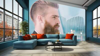 Businessman in office looks far for the future. Concept of innovation and startup. double exposure Wall mural