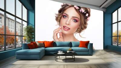 Fashion Beauty Model Girl with Flowers Hair. Bride. Perfect Creative Make up and Hair Style. Hairstyle. Beautiful Flowers Wall mural