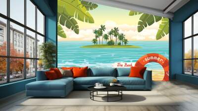 Green island with coconut palms in the blue sea on a cloudy sky. Vector summer holiday. Wall mural