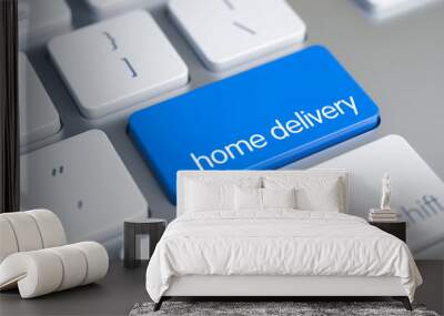 High Quality Render of a Modern Laptop Keyboard Button. The Keypad is Blue in Color and there is Message Home Delivery on It. Caption on Blue Keyboard Enter Key, for Home Delivery Concept. 3D. Wall mural