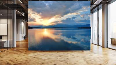 Incredibly beautiful sunset.Sun, sky,lake.Sunset or sunrise landscape, panorama of beautiful nature. Sky with amazing colorful clouds. Water reflections.Magic Artistic Wallpaper.Dream, line.Creative. Wall mural