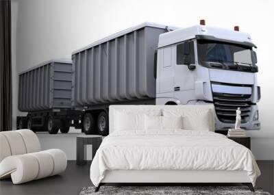 Large white truck with separate trailer, for transportation of agricultural and building bulk materials and products. 3d rendering Wall mural