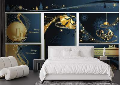 Merry Christmas and Happy New Year collection, blue and gold Wall mural