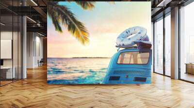 Old car on a tropical beach at the sunset. 3D Rendering Wall mural