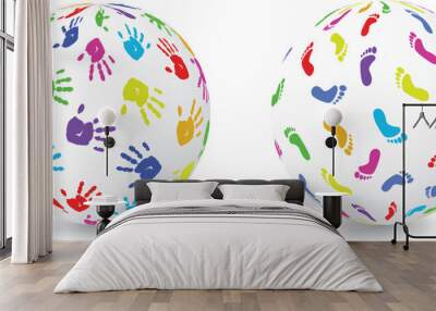 Two globes, one with colored footprints and another with handprints. Editable vector file. Wall mural