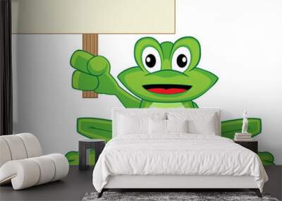 Vector illustration of a cute happy looking tiny green frog with big eyes. No gradient. Place your text in the empty sign. Wall mural