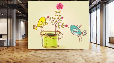 Vector illustration two birds and blossoming tree in a bucket.  Adobe Illustrator 8 EPS Wall mural