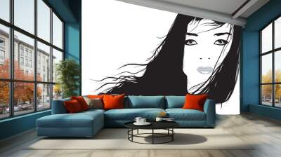 Vector portrait illustration of a windswept woman Wall mural