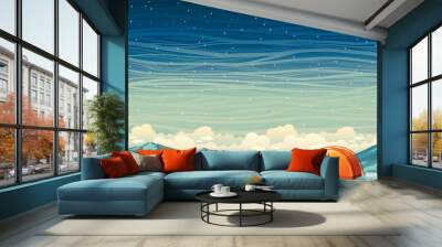 winter night landscape - lonely orange travel tent and frozen mountains on a starry sky background.  Wall mural