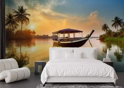 House boat in backwaters near palms at cloudy blue sky in munnar, Kerala, India Wall mural