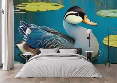 Duck swimming in the pond vector illustration. Duck cartoon character Wall mural