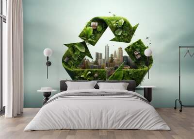 recycle symbol made of nature and grass with city Wall mural