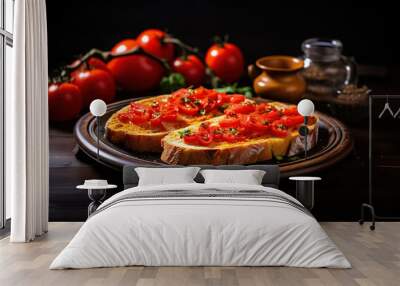 Spanish Pan con Tomate bread on a plate on wood background Wall mural