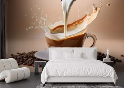 Artistic coffee cup splash pouring milk illustration. hot beverage drink caffeine, roasted aromatic beans  Wall mural