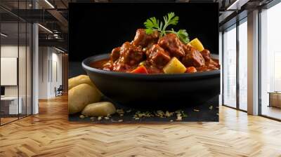 Authentic Hungarian cuisine food goulash with tender beef pieces, delicious meat stew & potato soup, healthy savoury meal on black background Wall mural