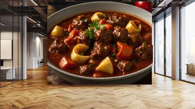 Authentic Hungarian cuisine food goulash with tender beef pieces, delicious meat stew & potato soup, healthy savoury meal Wall mural