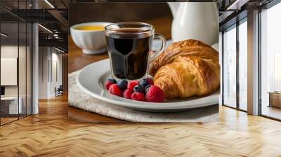 Brown tasty sweet croissant pastry with black coffee strawberry & blackberry. French baked dish crescent roll bun on breakfast food table Wall mural