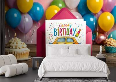 Cute handmade happy birthday card, colourful balloons & cake, sparkling party celebration decoration Wall mural