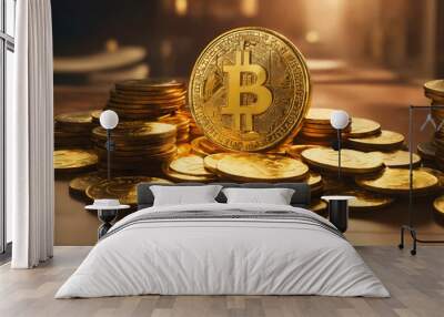 Pure gold bitcoin in yellow table, shiny polished pile of precious metal crypto coin represents stock market, finance, business Wall mural