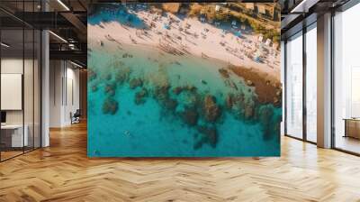 a beach with people and blue water. Generative AI Art. Wall mural