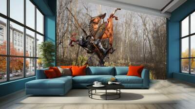 A brave medieval knight on his frisky horse prepares for battle. View of the fighting knight and his horse rearing up. The image is for historical, medieval or military backgrounds. 3D Rendering. Wall mural