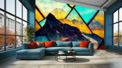 A fabulous abstract colorful landscape of mountains and nature observed through a stained glass window. Wall mural