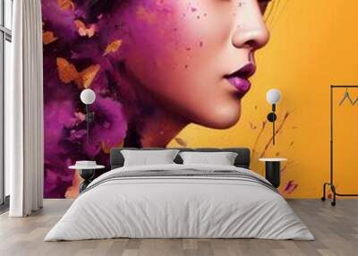 A fictional person, not based on a real person. Abstract colorful portrait of a pretty geisha with beautiful makeup and butterflies. Fashionable cute woman. Creative beautiful girl. 3d rendering Wall mural