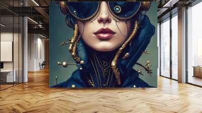 A fictional person, not based on a real person. Abstract portrait of a fantasy steampunk man. High-tech futuristic man. Concept of virtual reality and steampunk. 3D rendering. Wall mural