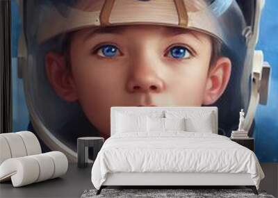 A fictional person, not based on a real person. Portrait of a fictional futuristic child astronaut wearing a space helmet and astronaut costume. 3d rendering Wall mural