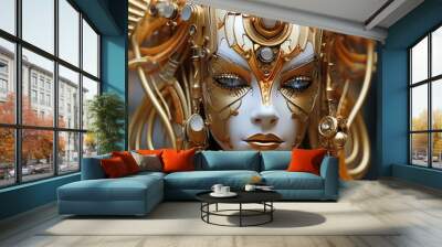 a gold and white mask with blue eyes and a gold crown Wall mural