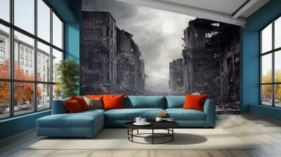 A post-apocalyptic ruined city. Destroyed buildings, burnt-out vehicles and ruined roads. 3D rendering Wall mural