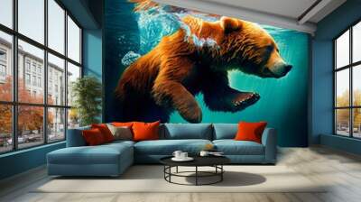 A wild bear swimming in the spring river. A bear dives in the pond. Generative AI Art Wall mural