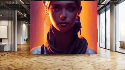 Abstract portrait of a cyberpunk girl. High-tech futuristic woman from the future. Concept of virtual reality and cyberpunk. 3D rendering. Wall mural