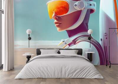 an astronaut with a surfboard. a high-tech astronaut from the future. the concept of space travel. g Wall mural