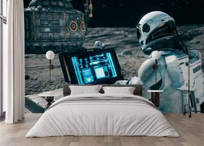 An astronaut works on his laptop at a space base on one of the new planets. 3D Rendering. Wall mural