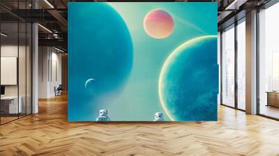 Astronauts in a spacesuit walks around an alien planet and explores its surface. The concept of space travel and colonization. 3D rendering Wall mural