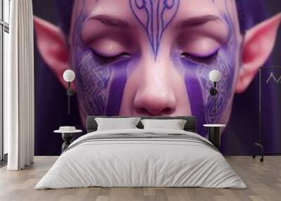 Fantasy elven woman with purple hair. Long purple hair, pointy elven ears, beautiful makeup on her face. 3D render Wall mural