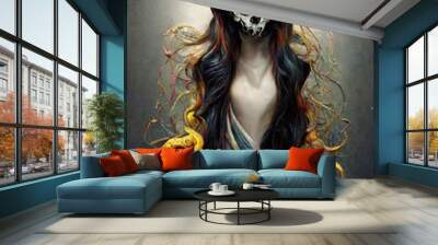 Gothic horror scene with a gothic fictional woman and snakes. Artistic abstract gothic fantasy. Nightmarish fictional woman from nightmarish dreams. Dark gothic concept. Wall mural