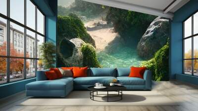 Green mountains by the sea at dawn. A beautiful natural green landscape in the summertime. Wall mural