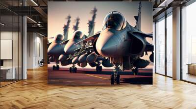 Military aircraft stands in the hangar. Military fighter aircraft on an aircraft carrier. Generative AI Art. Wall mural