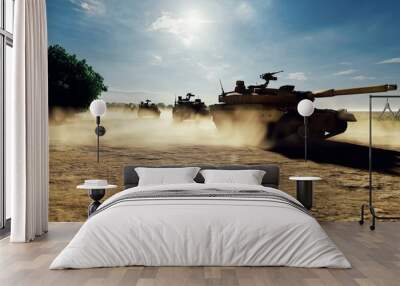 Military tanks ride on a dusty road on a Sunny day on the battlefield. 3D Rendering Wall mural