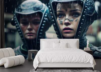 Portrait of a futuristic cyberpunk sci-fi girl. High-tech futuristic woman from the future. Generative AI Art. Wall mural