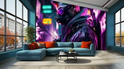 Portrait of a sci-fi cyberpunk man. High-tech futuristic man from the future. The concept of virtual reality and cyberpunk. Generative AI. Wall mural