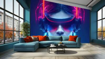 realistic portrait of a man in a cyberpunk suit with a background of neon light. high-tech futuristi Wall mural