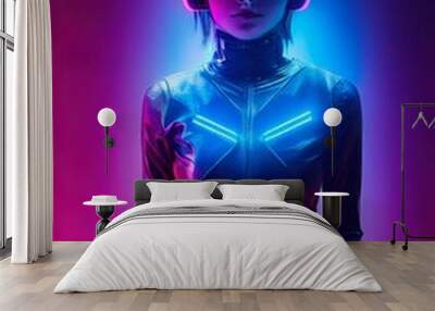 Realistic portrait of a sci-fi neon cyberpunk girl in a cyber suit. High-tech futuristic man from the future. The concept of virtual reality and cyberpunk. 3D render. Wall mural